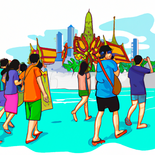קבוצת תיירים נהנית מהאווירה התוססת בפסטיבל תאילנדי באוגוסט.