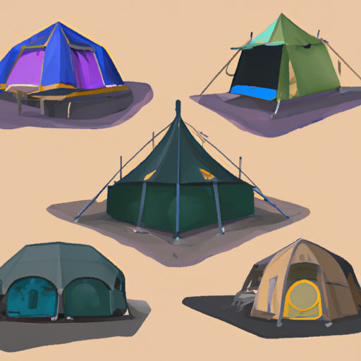 איור המציג סוגים שונים של אוהלים במסגרות חיצוניות שונות.